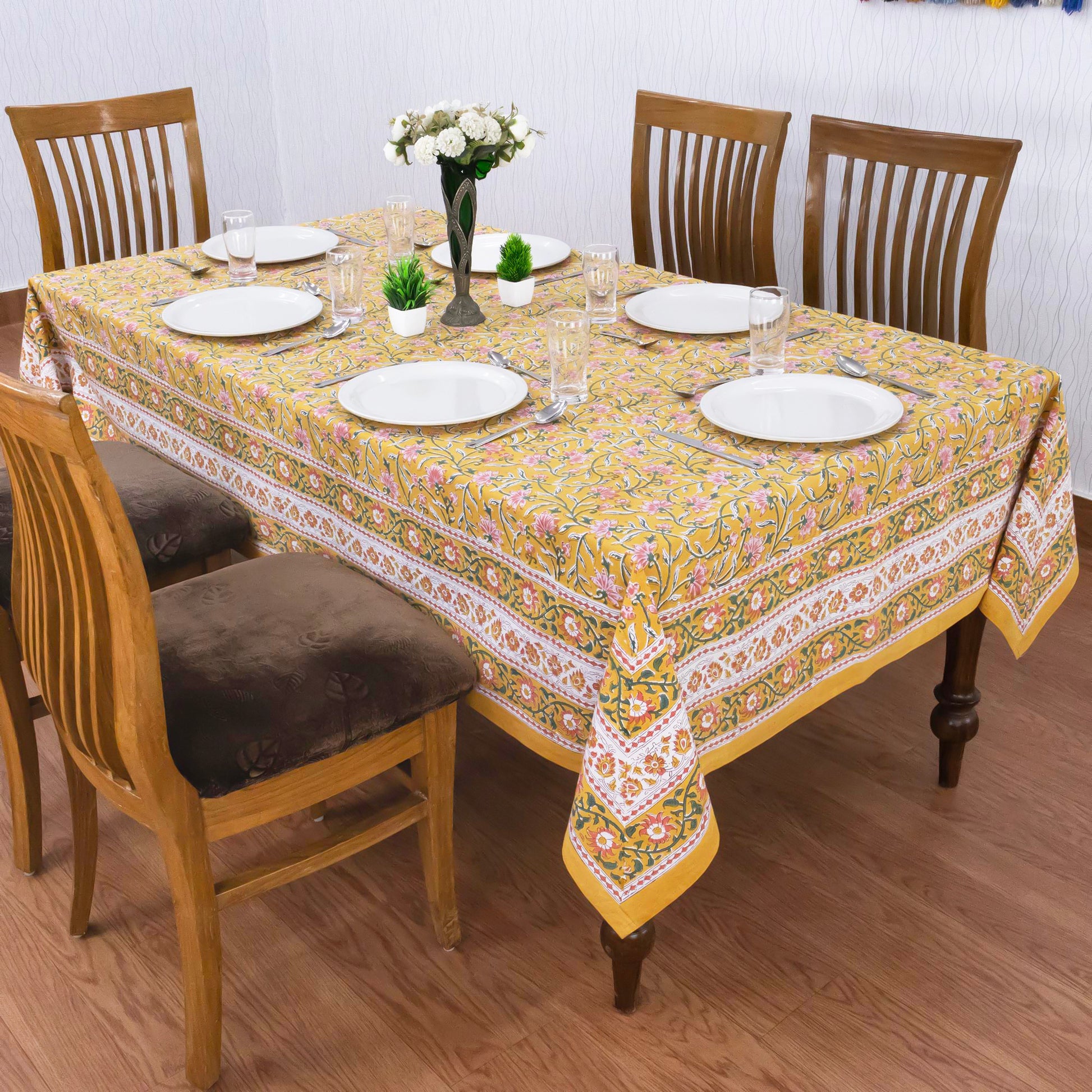Indian Handmade Block Printed Cotton Yellow ad Pink Rectangle Tablecloth - My Store