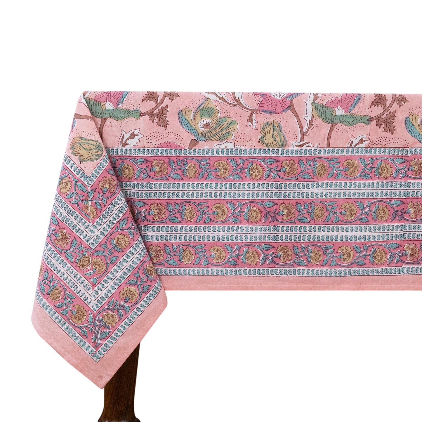 Indian Handmade Block Printed Cotton Pink and Blue Rectangle Tablecloth - My Store