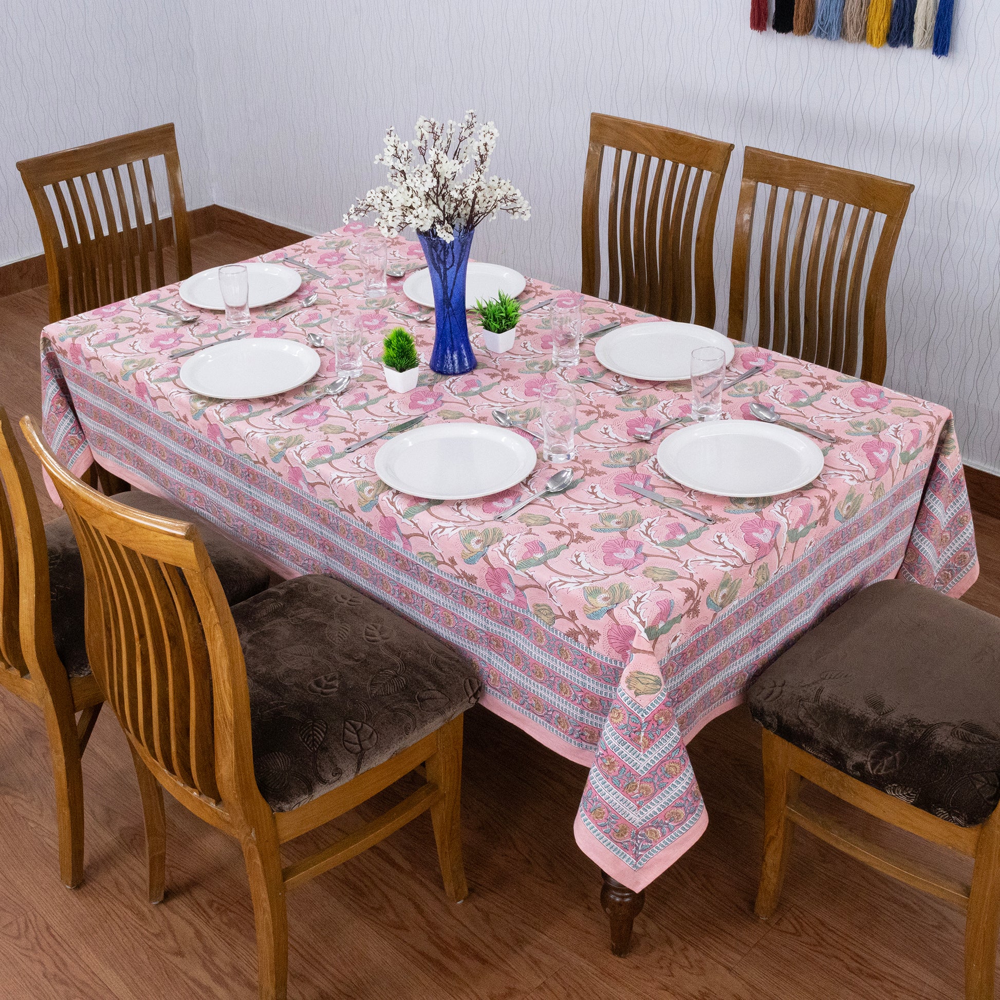 Indian Handmade Block Printed Cotton Pink and Blue Rectangle Tablecloth - My Store
