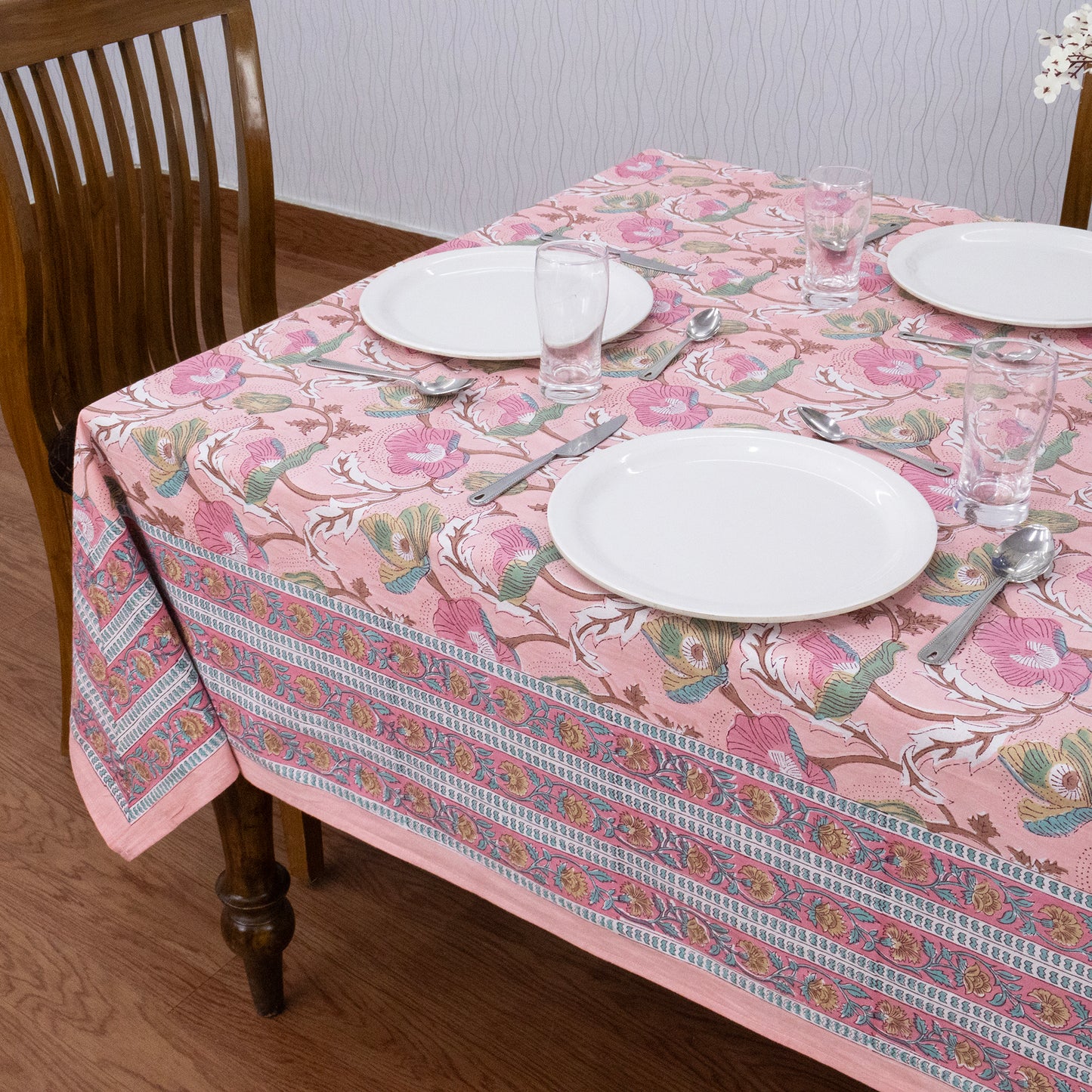 Indian Handmade Block Printed Cotton Pink and Blue Rectangle Tablecloth - My Store