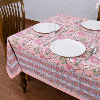 Indian Handmade Block Printed Cotton Pink and Blue Rectangle Tablecloth - My Store