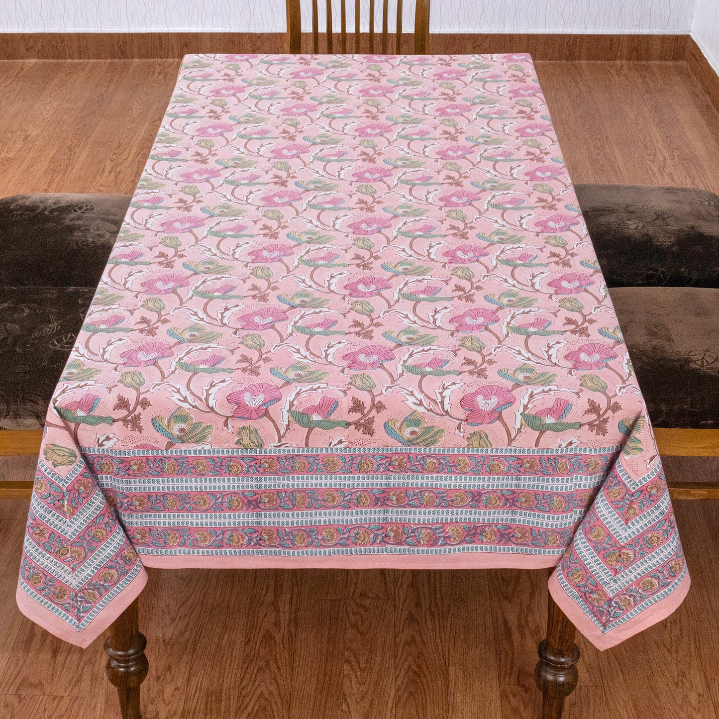 Indian Handmade Block Printed Cotton Pink and Blue Rectangle Tablecloth - My Store