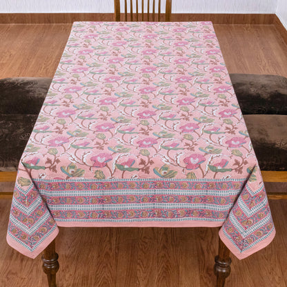 Indian Handmade Block Printed Cotton Pink and Blue Rectangle Tablecloth - My Store