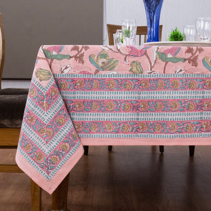 Indian Handmade Block Printed Cotton Pink and Blue Rectangle Tablecloth - My Store