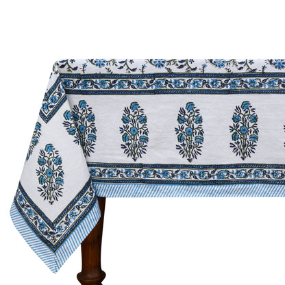 Indian Handmade Block Printed Cotton Blue and White Rectangle Tablecloth - My Store