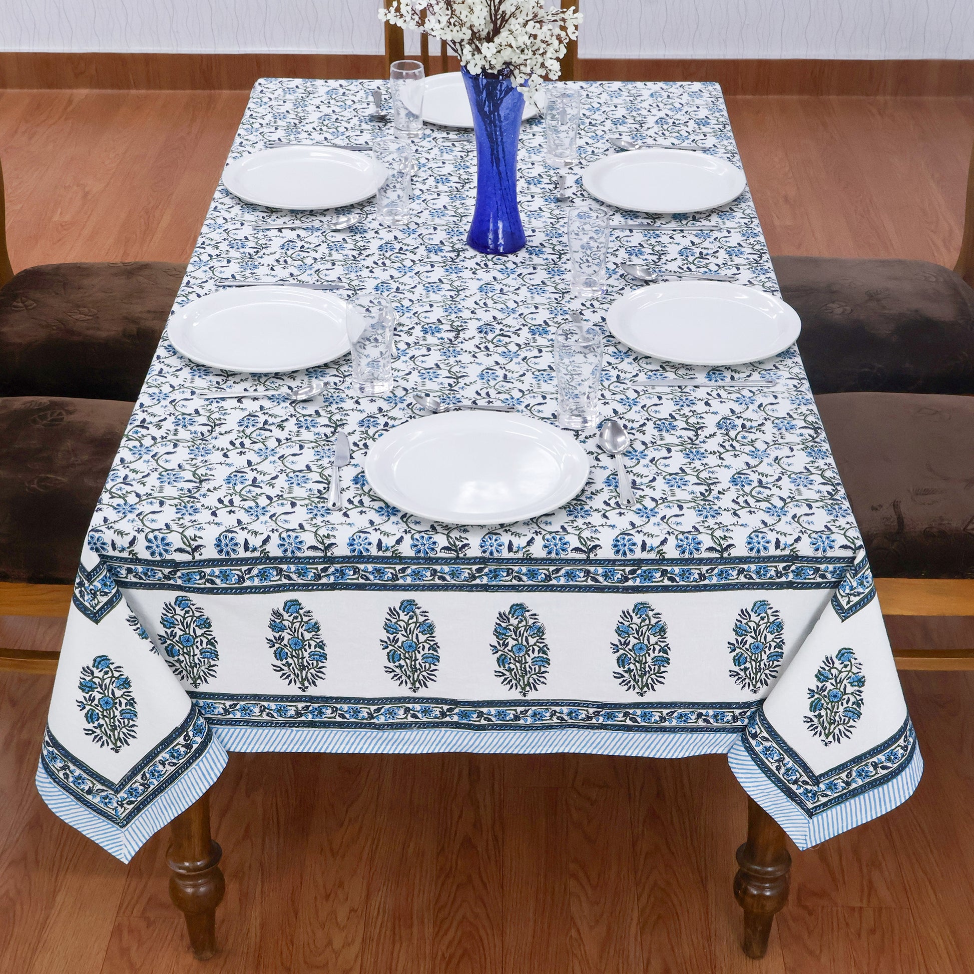Indian Handmade Block Printed Cotton Blue and White Rectangle Tablecloth - My Store