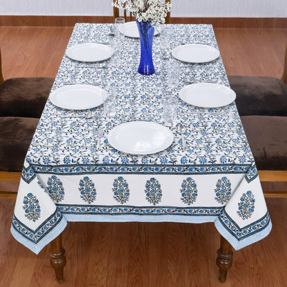 Indian Handmade Block Printed Cotton Blue and White Rectangle Tablecloth - My Store