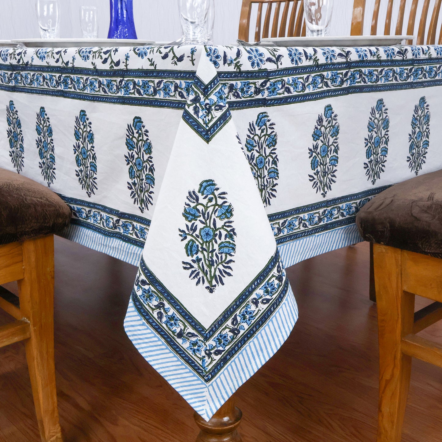Indian Handmade Block Printed Cotton Blue and White Rectangle Tablecloth - My Store