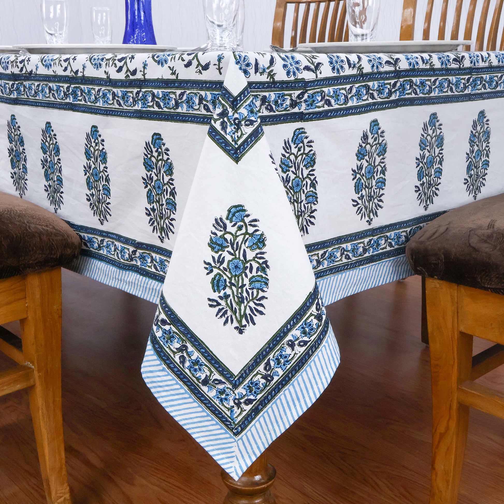 Indian Handmade Block Printed Cotton Blue and White Rectangle Tablecloth - My Store