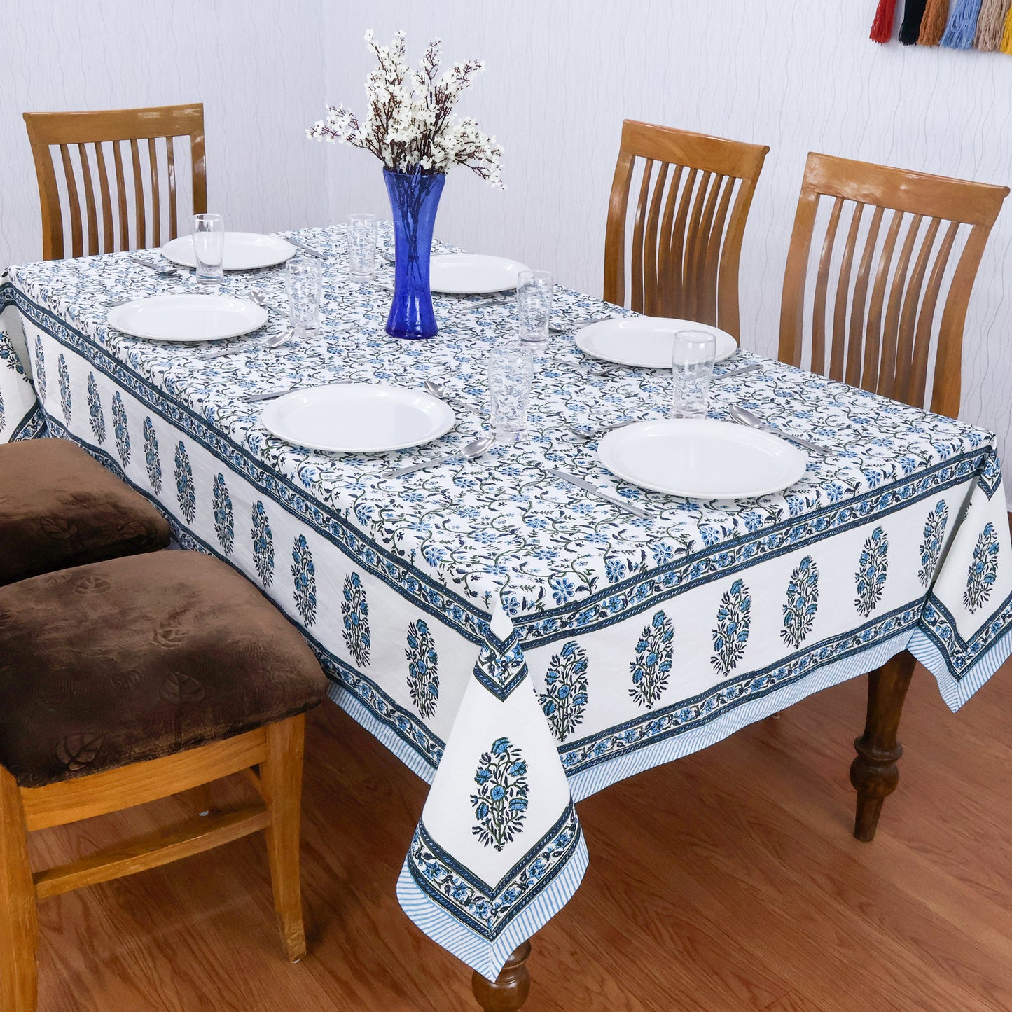 Indian Handmade Block Printed Cotton Blue and White Rectangle Tablecloth - My Store