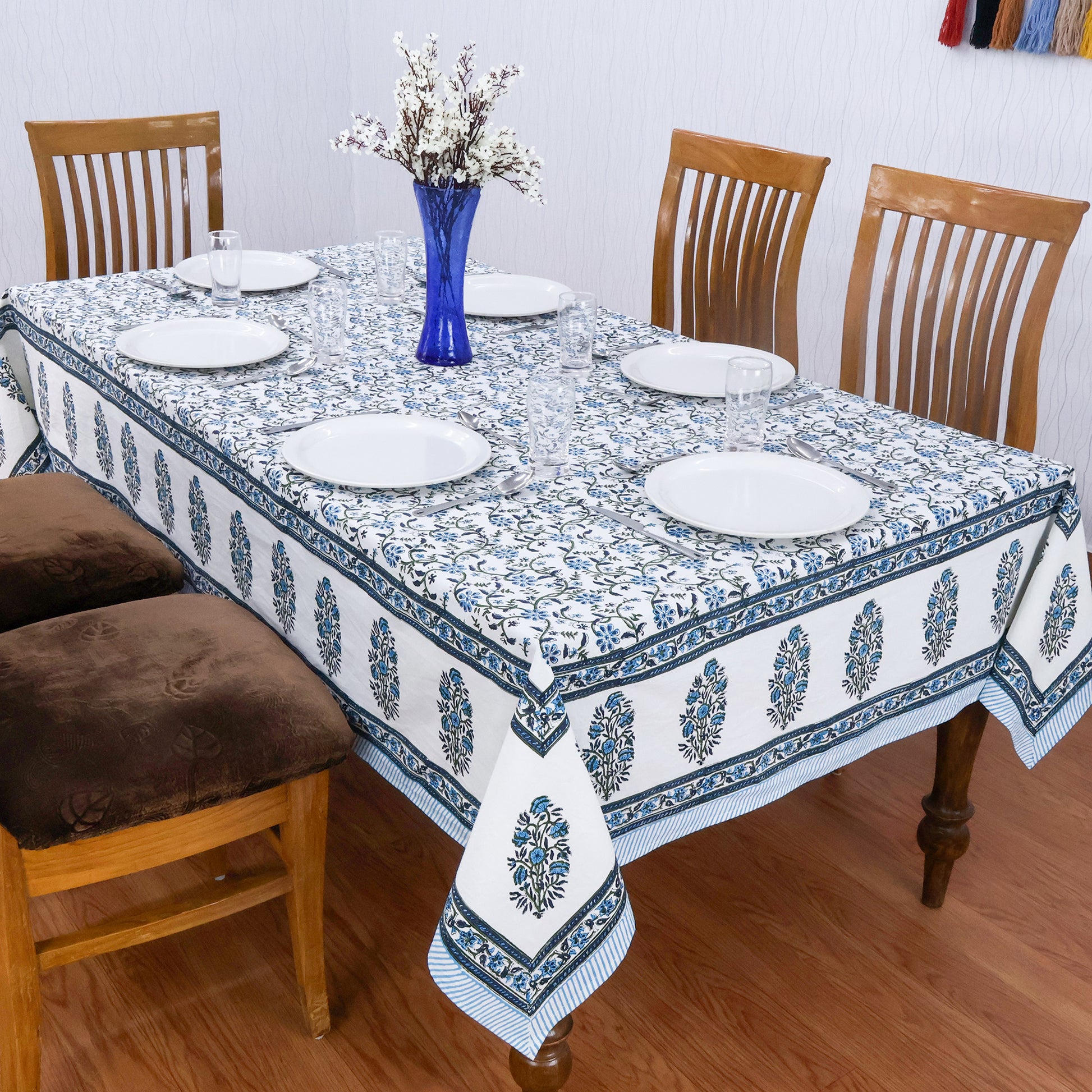 Indian Handmade Block Printed Cotton Blue and White Rectangle Tablecloth - My Store