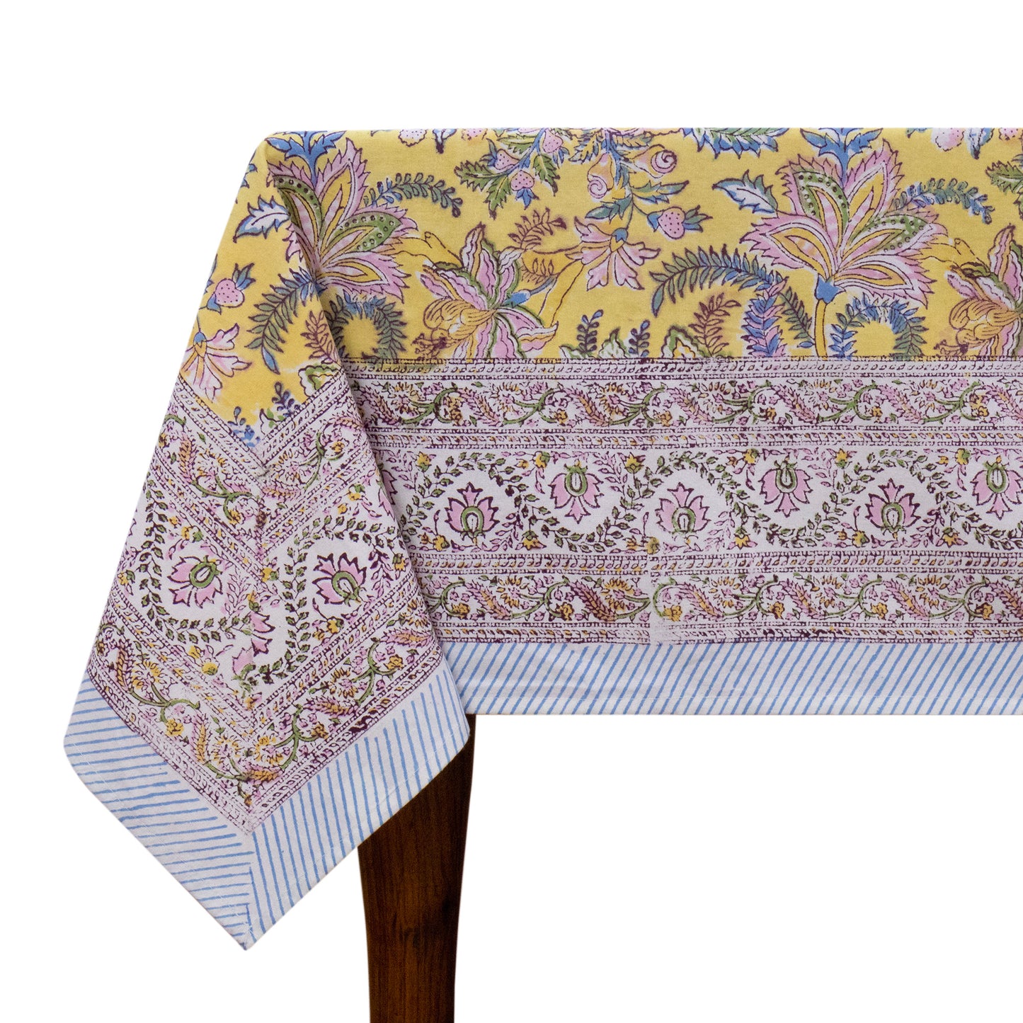 Indian Handmade Block Printed Cotton Yellow and Pink Rectangle Tablecloth - My Store