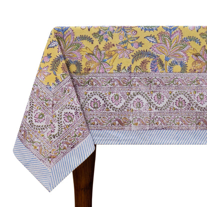 Indian Handmade Block Printed Cotton Yellow and Pink Rectangle Tablecloth - My Store