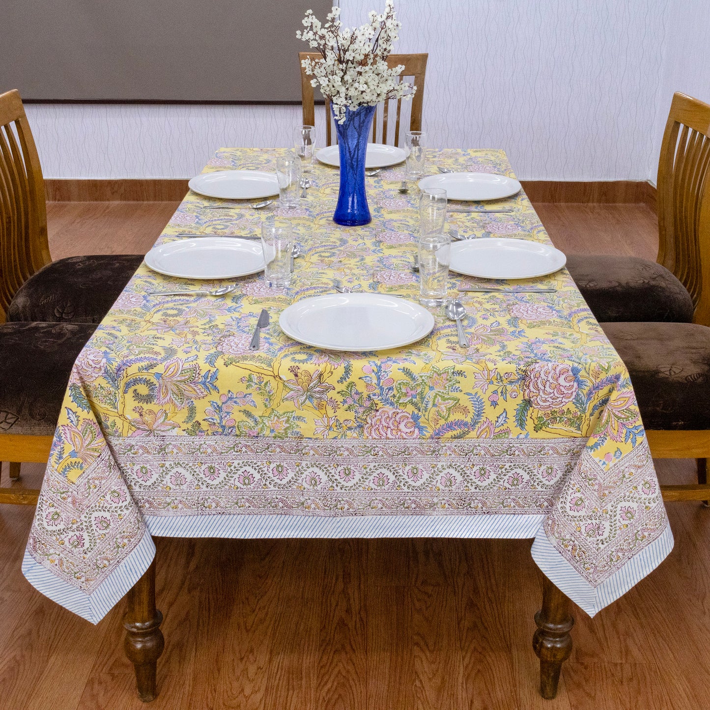 Indian Handmade Block Printed Cotton Yellow and Pink Rectangle Tablecloth - My Store