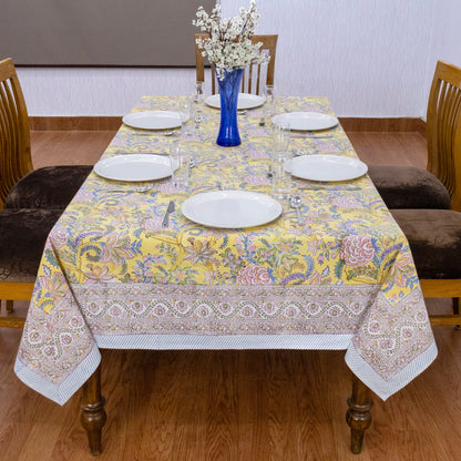 Indian Handmade Block Printed Cotton Yellow and Pink Rectangle Tablecloth - My Store