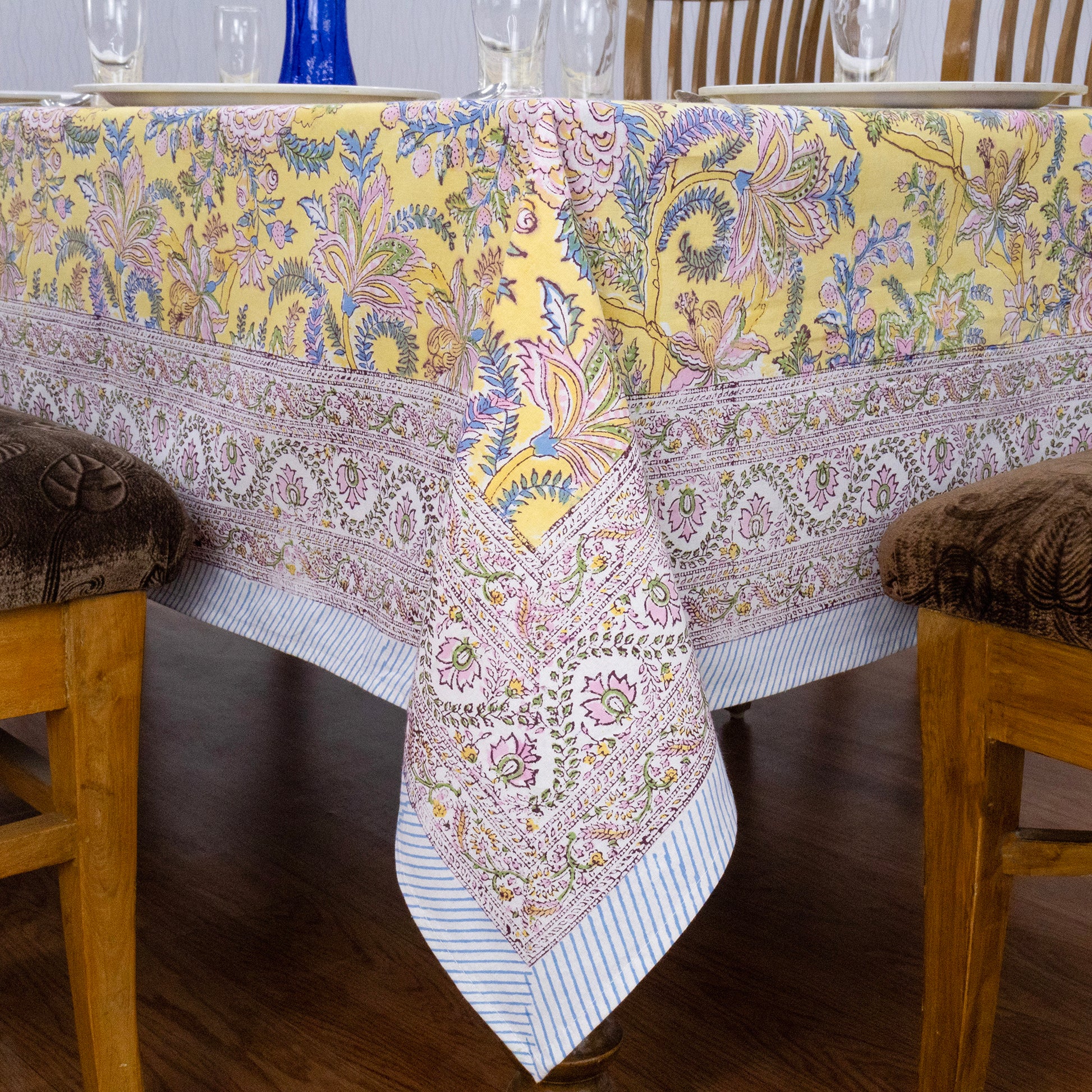 Indian Handmade Block Printed Cotton Yellow and Pink Rectangle Tablecloth - My Store