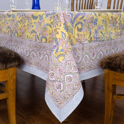 Indian Handmade Block Printed Cotton Yellow and Pink Rectangle Tablecloth - My Store