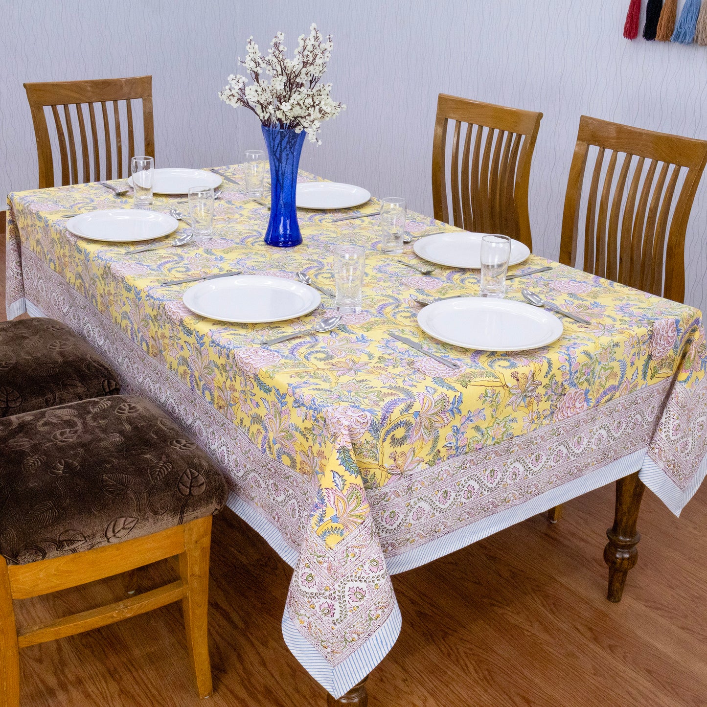 Indian Handmade Block Printed Cotton Yellow and Pink Rectangle Tablecloth - My Store