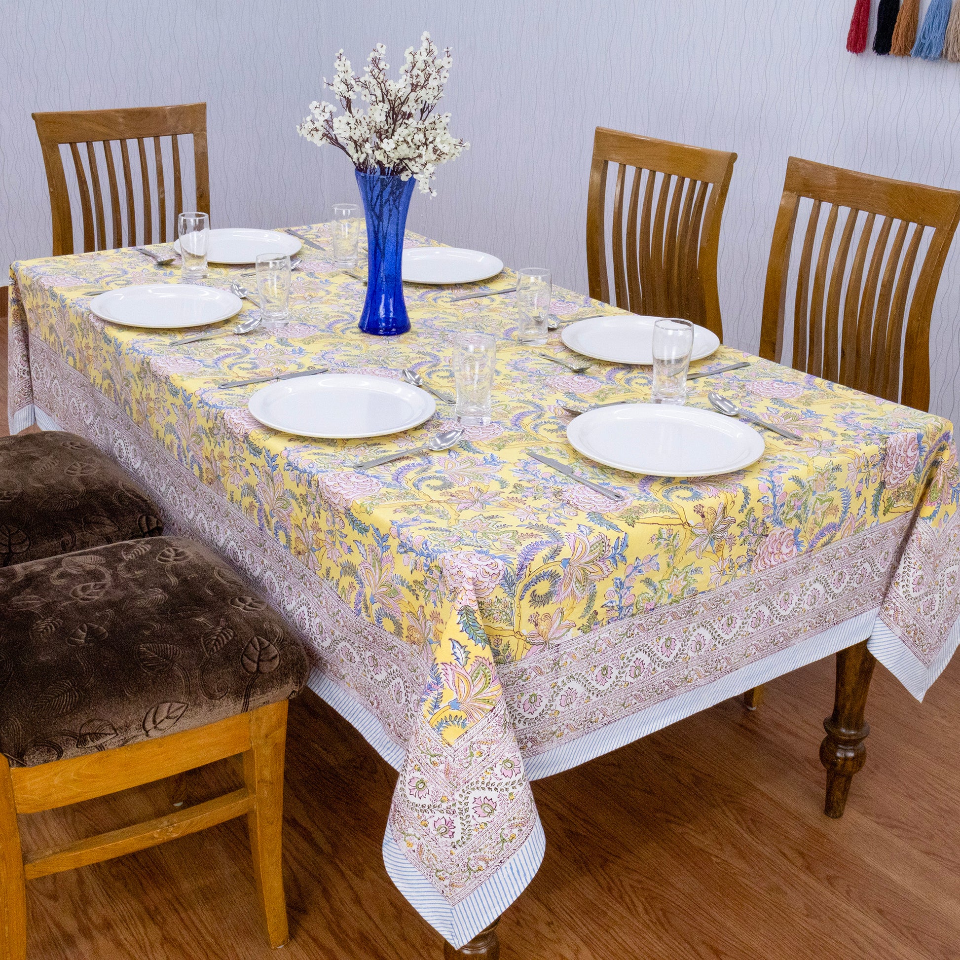 Indian Handmade Block Printed Cotton Yellow and Pink Rectangle Tablecloth - My Store