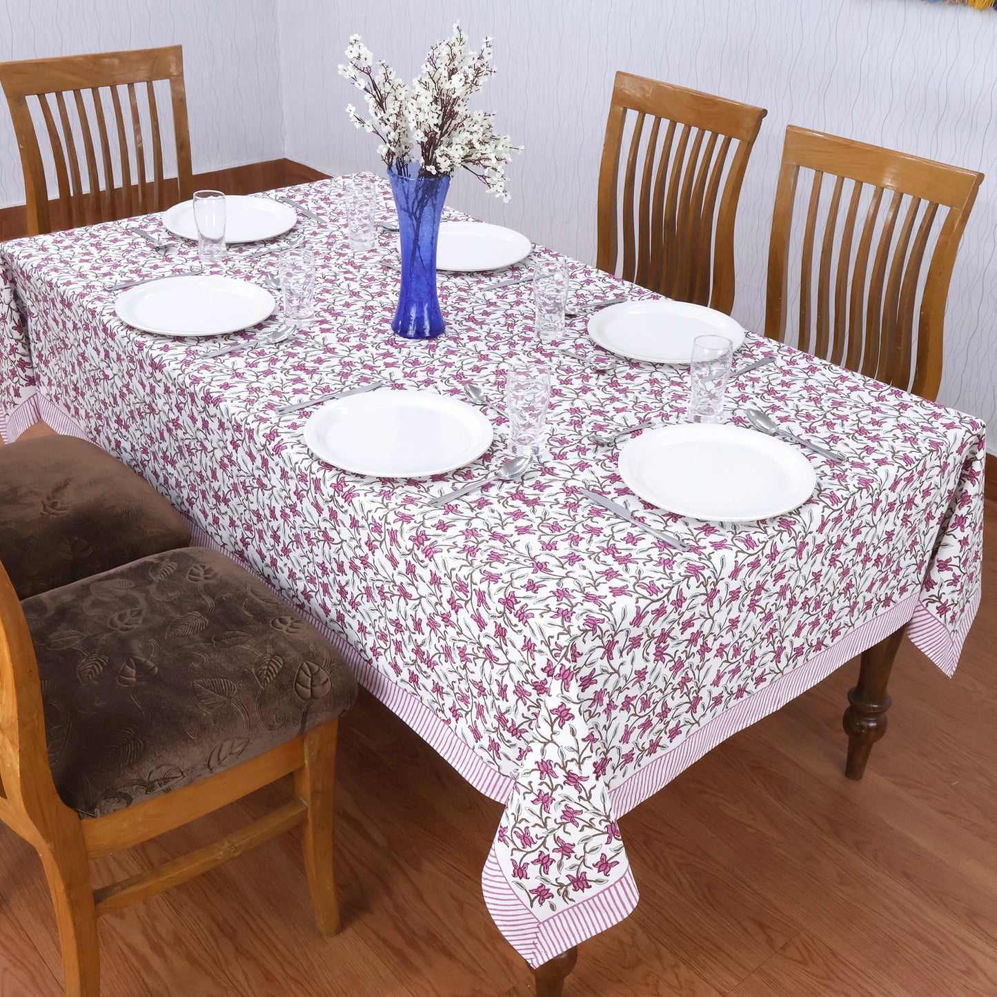Indian Handmade Block Printed Cotton Purple and White Rectangle Tablecloth - My Store