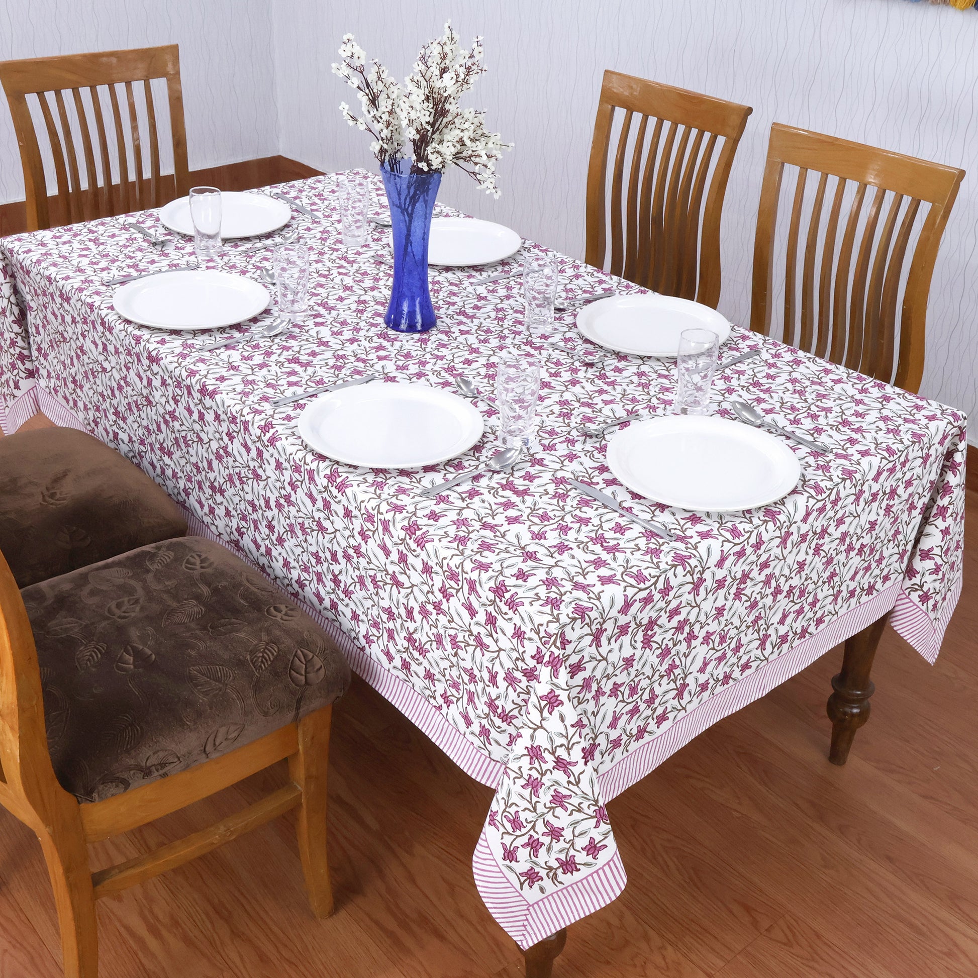 Indian Handmade Block Printed Cotton Purple and White Rectangle Tablecloth - My Store