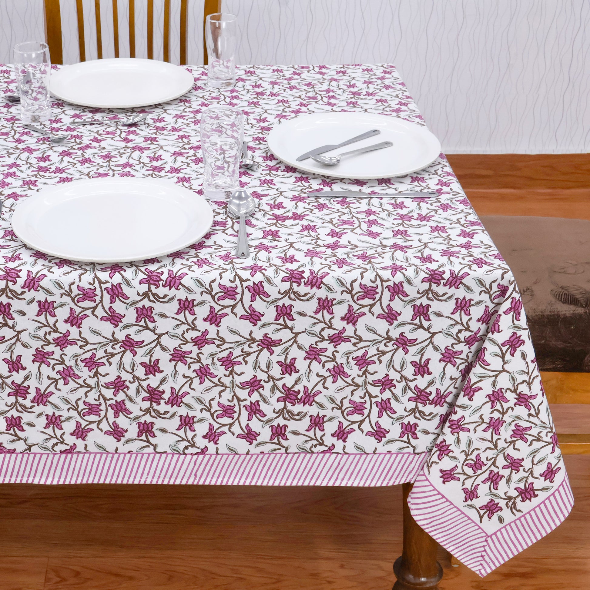 Indian Handmade Block Printed Cotton Purple and White Rectangle Tablecloth - My Store