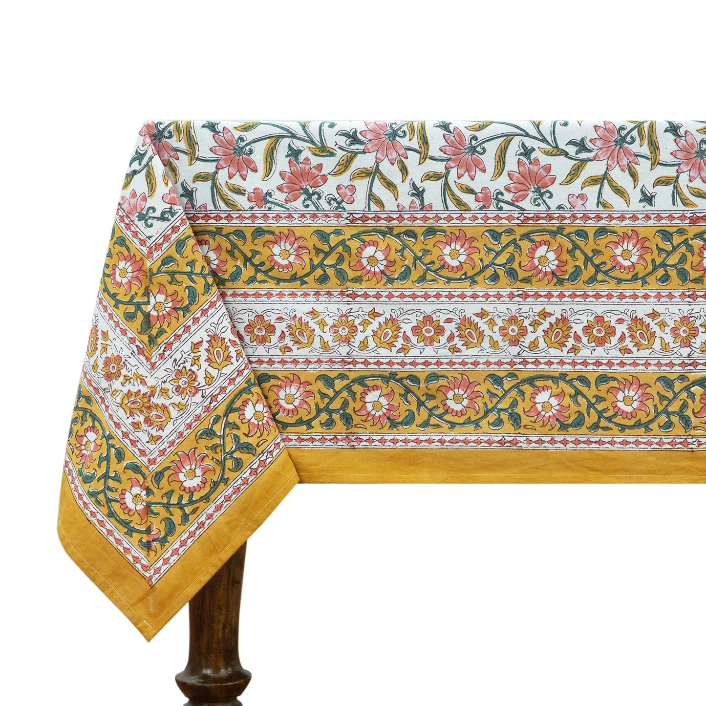 Indian Handmade Block Printed Cotton Yellow and Pink Rectangle Tablecloth - My Store