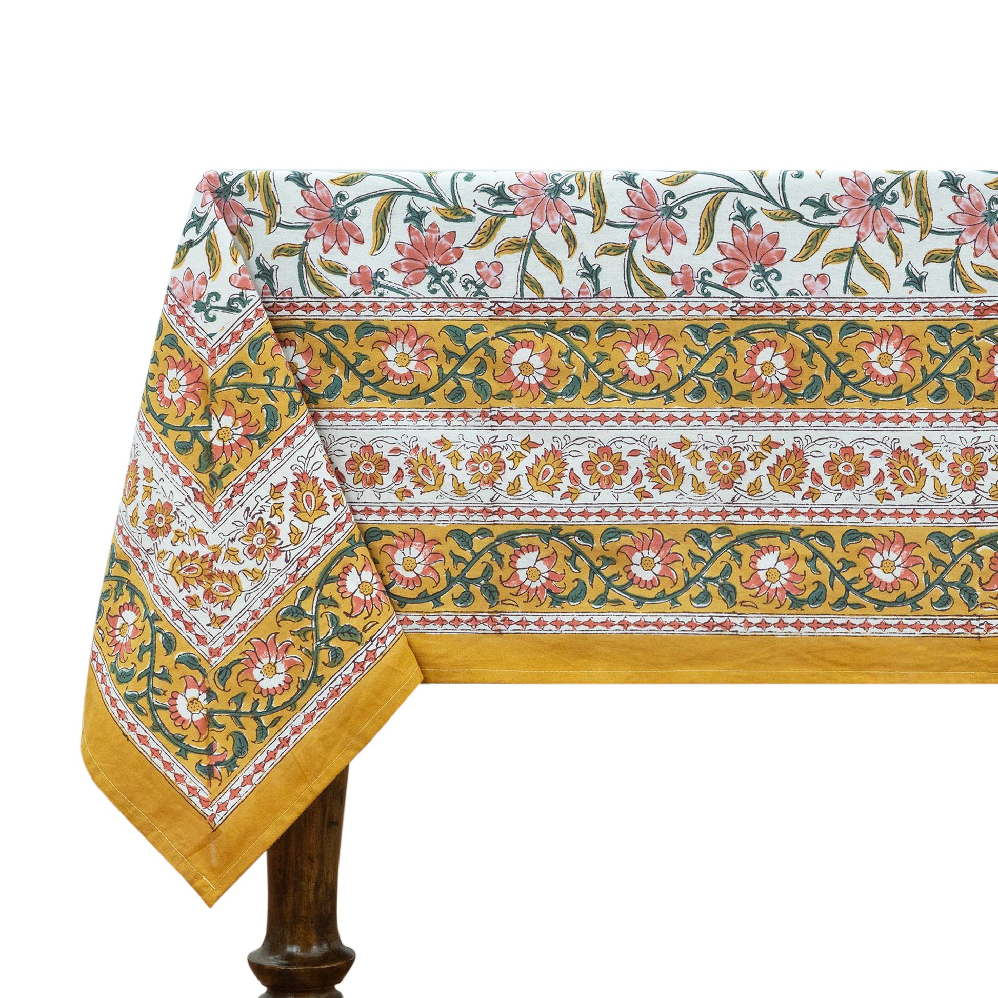 Indian Handmade Block Printed Cotton Yellow and Pink Rectangle Tablecloth - My Store