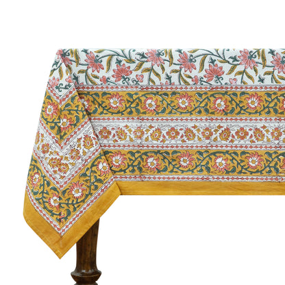 Indian Handmade Block Printed Cotton Yellow and Pink Rectangle Tablecloth - My Store