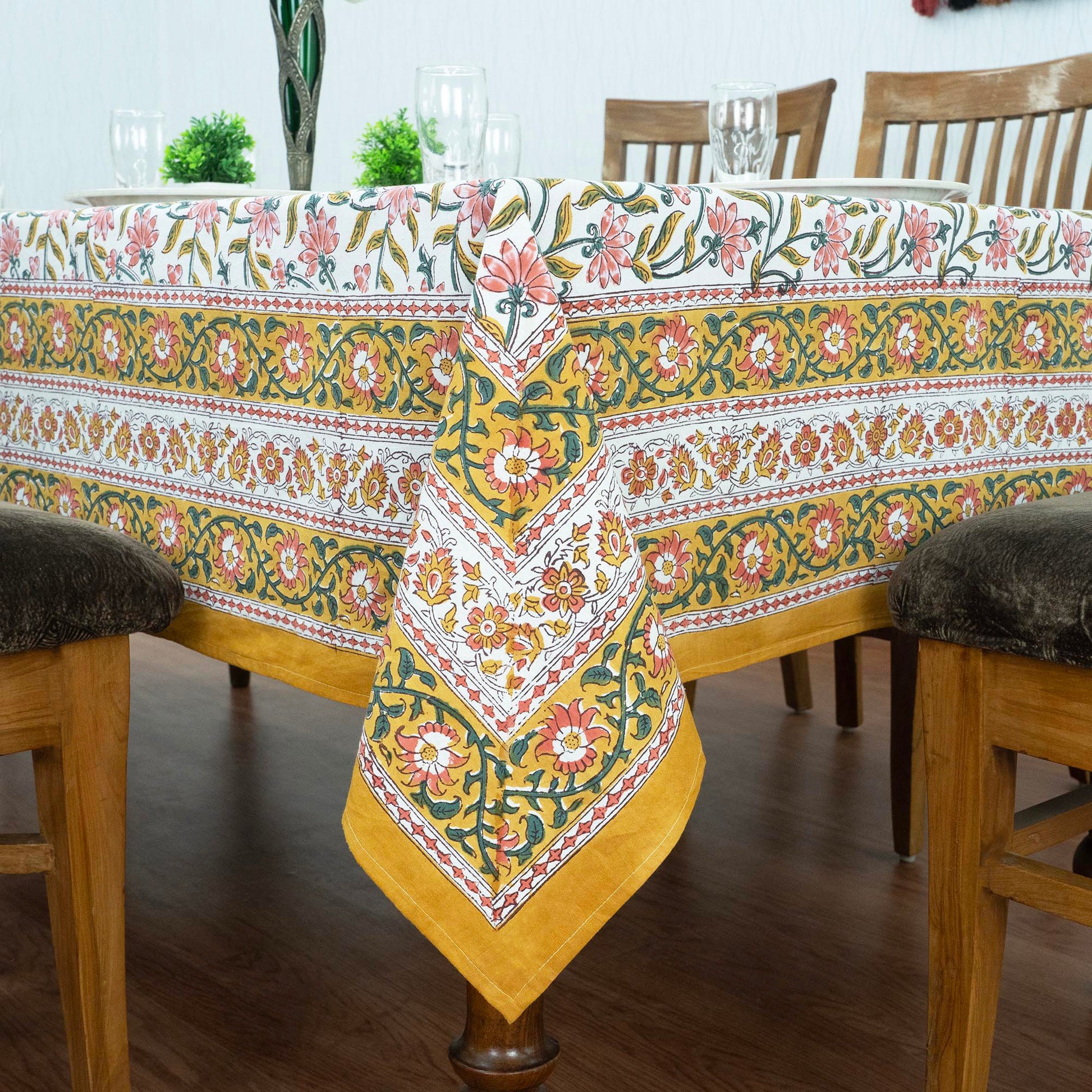 Indian Handmade Block Printed Cotton Yellow and Pink Rectangle Tablecloth - My Store