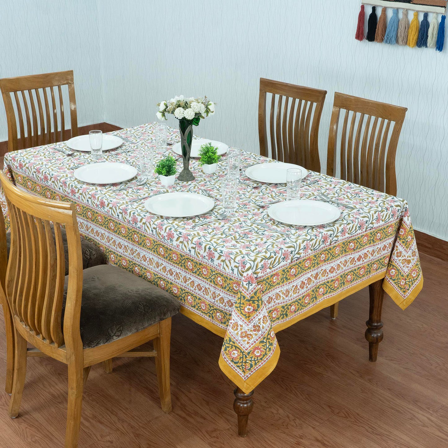Indian Handmade Block Printed Cotton Yellow and Pink Rectangle Tablecloth - My Store