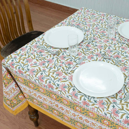Indian Handmade Block Printed Cotton Yellow and Pink Rectangle Tablecloth - My Store