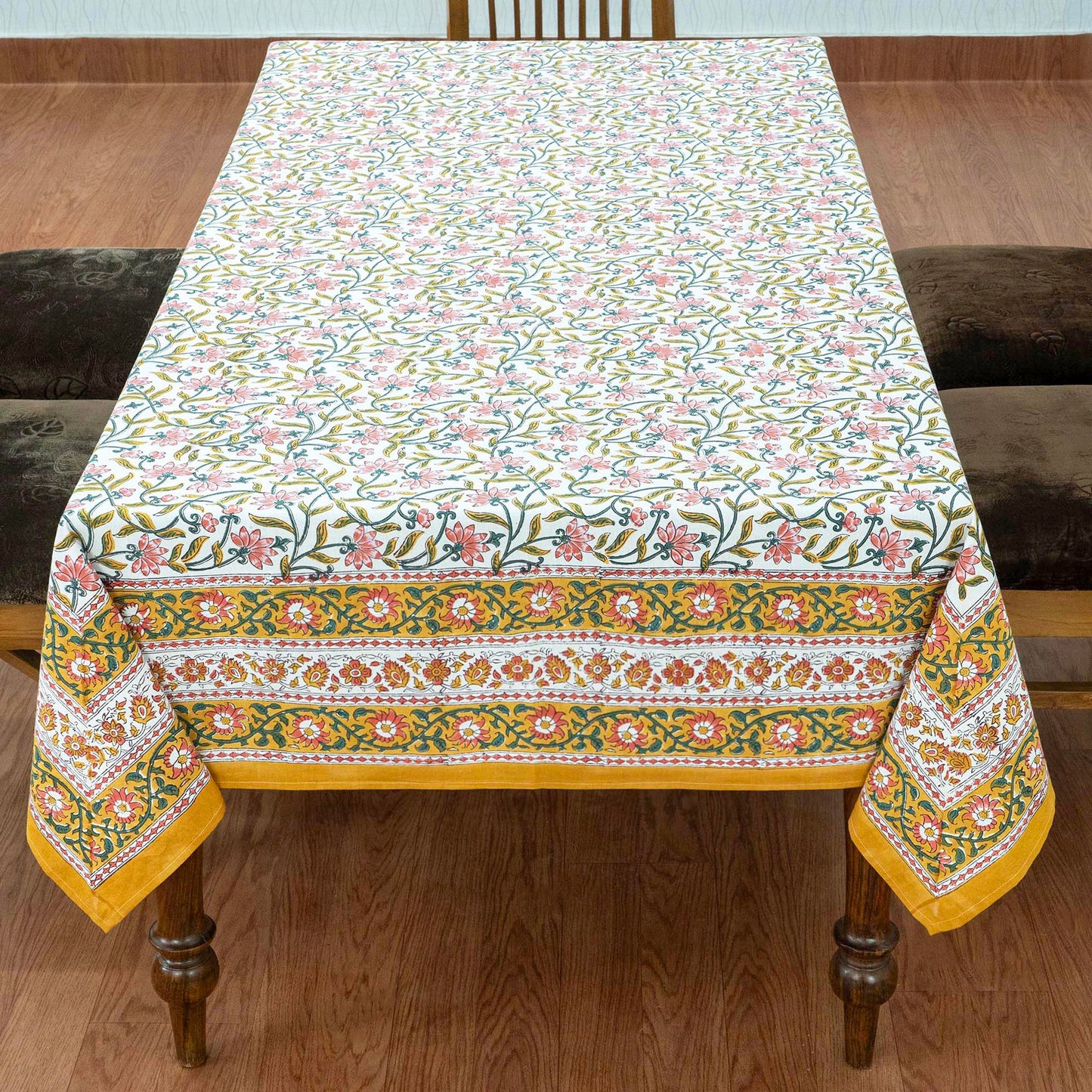 Indian Handmade Block Printed Cotton Yellow and Pink Rectangle Tablecloth - My Store