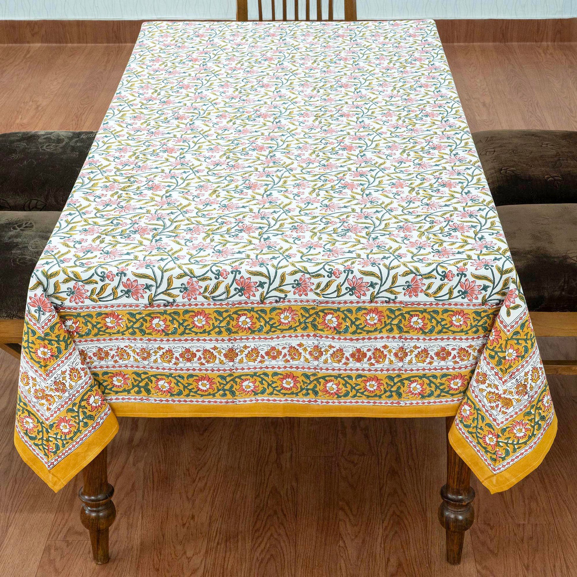 Indian Handmade Block Printed Cotton Yellow and Pink Rectangle Tablecloth - My Store