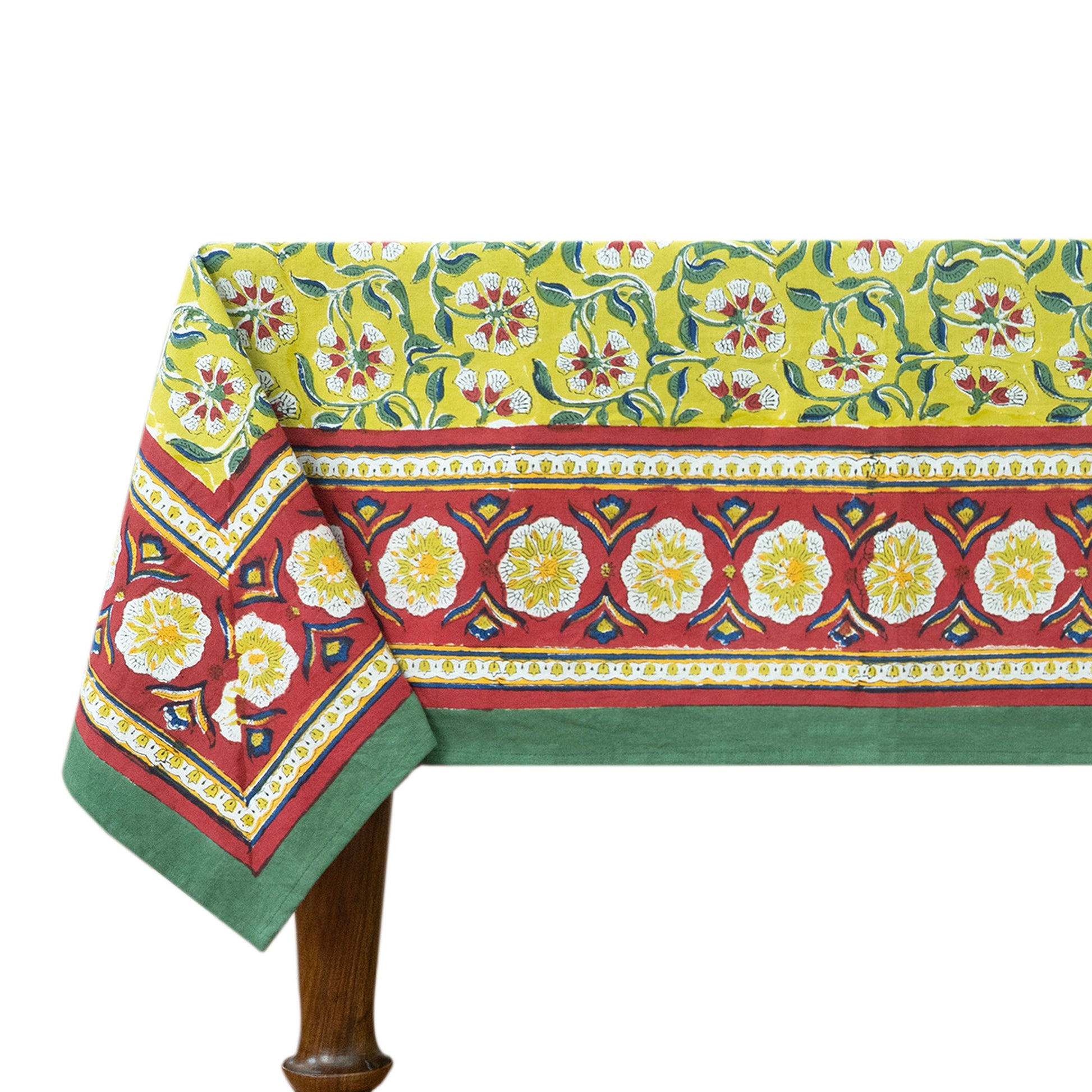 Indian Handmade Block Printed Cotton Yellow and Green Rectangle Tablecloth - My Store