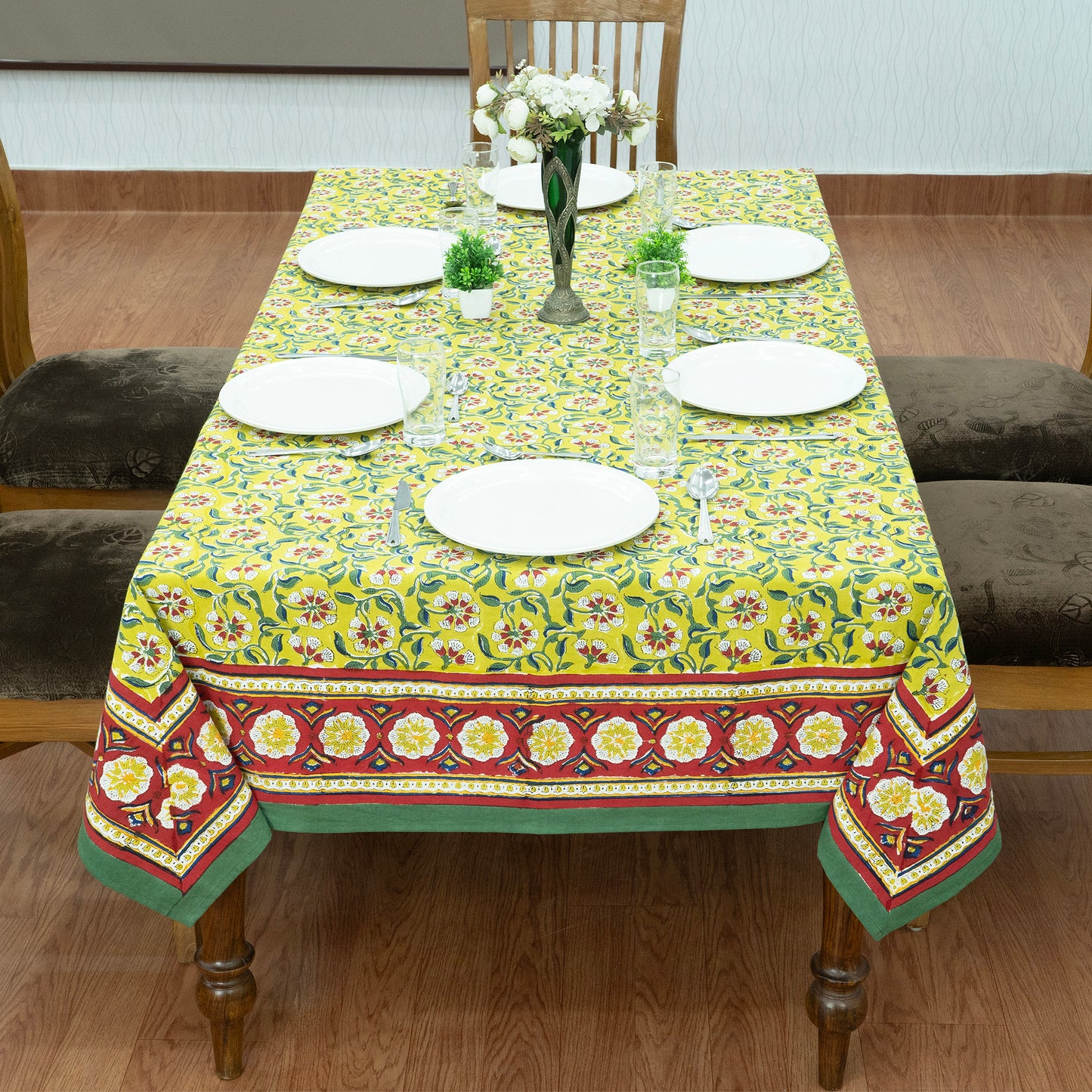 Indian Handmade Block Printed Cotton Yellow and Green Rectangle Tablecloth - My Store