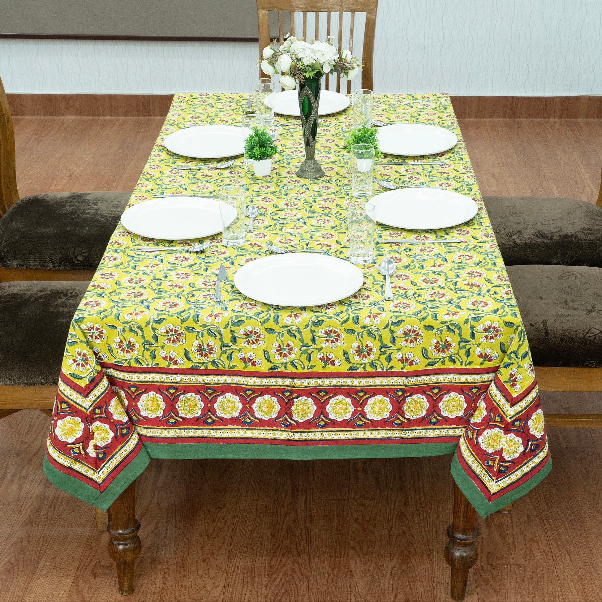Indian Handmade Block Printed Cotton Yellow and Green Rectangle Tablecloth - My Store
