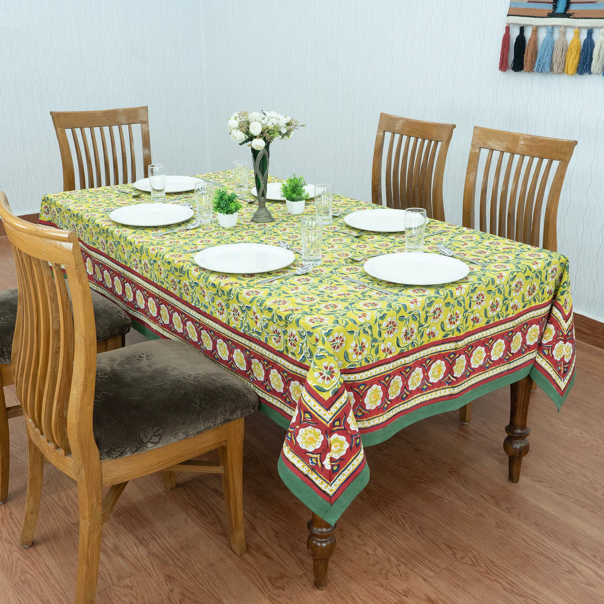 Indian Handmade Block Printed Cotton Yellow and Green Rectangle Tablecloth - My Store