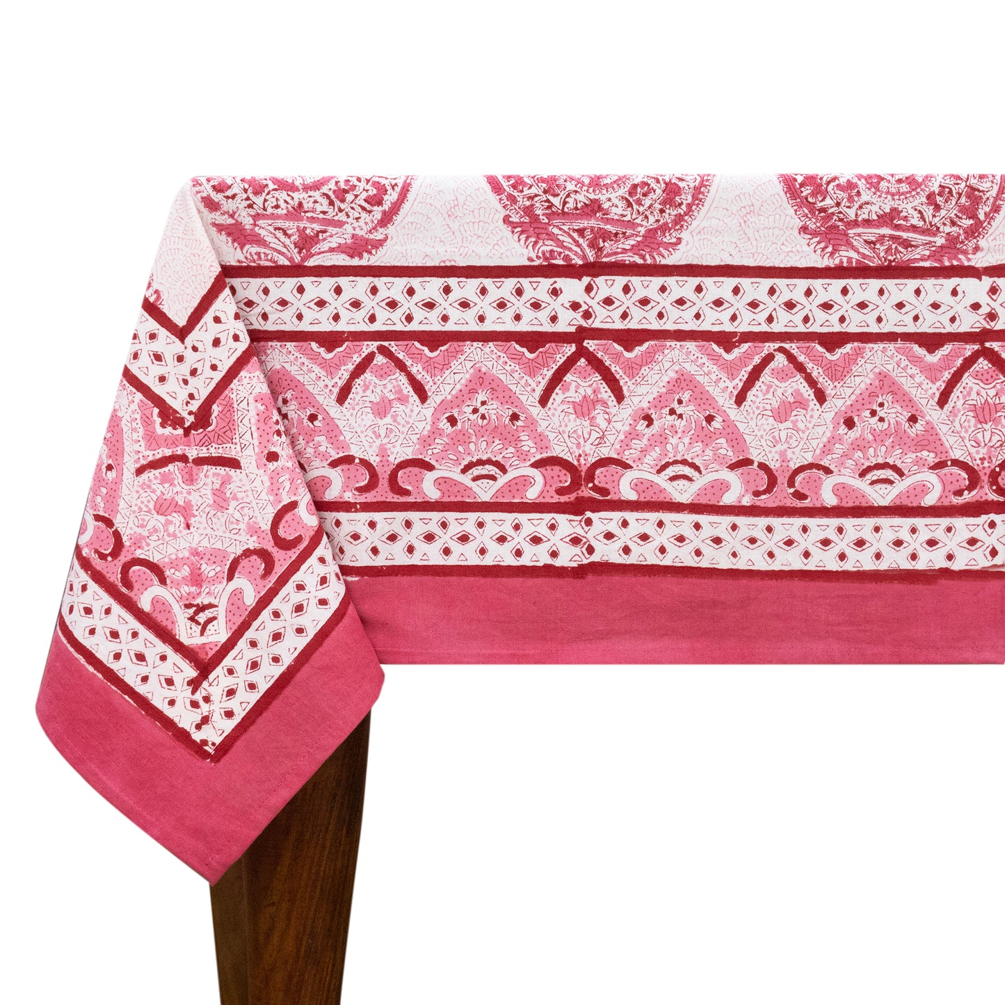 Indian Handmade Block Printed Cotton Pink and White Rectangle Tablecloth - My Store