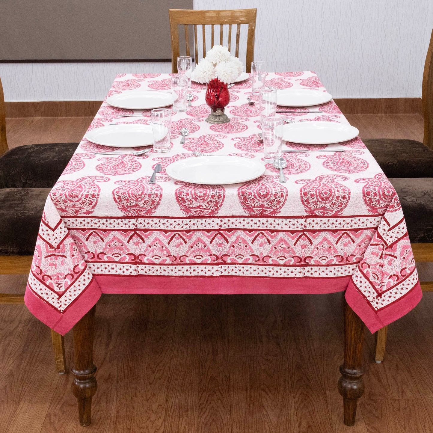 Indian Handmade Block Printed Cotton Pink and White Rectangle Tablecloth - My Store
