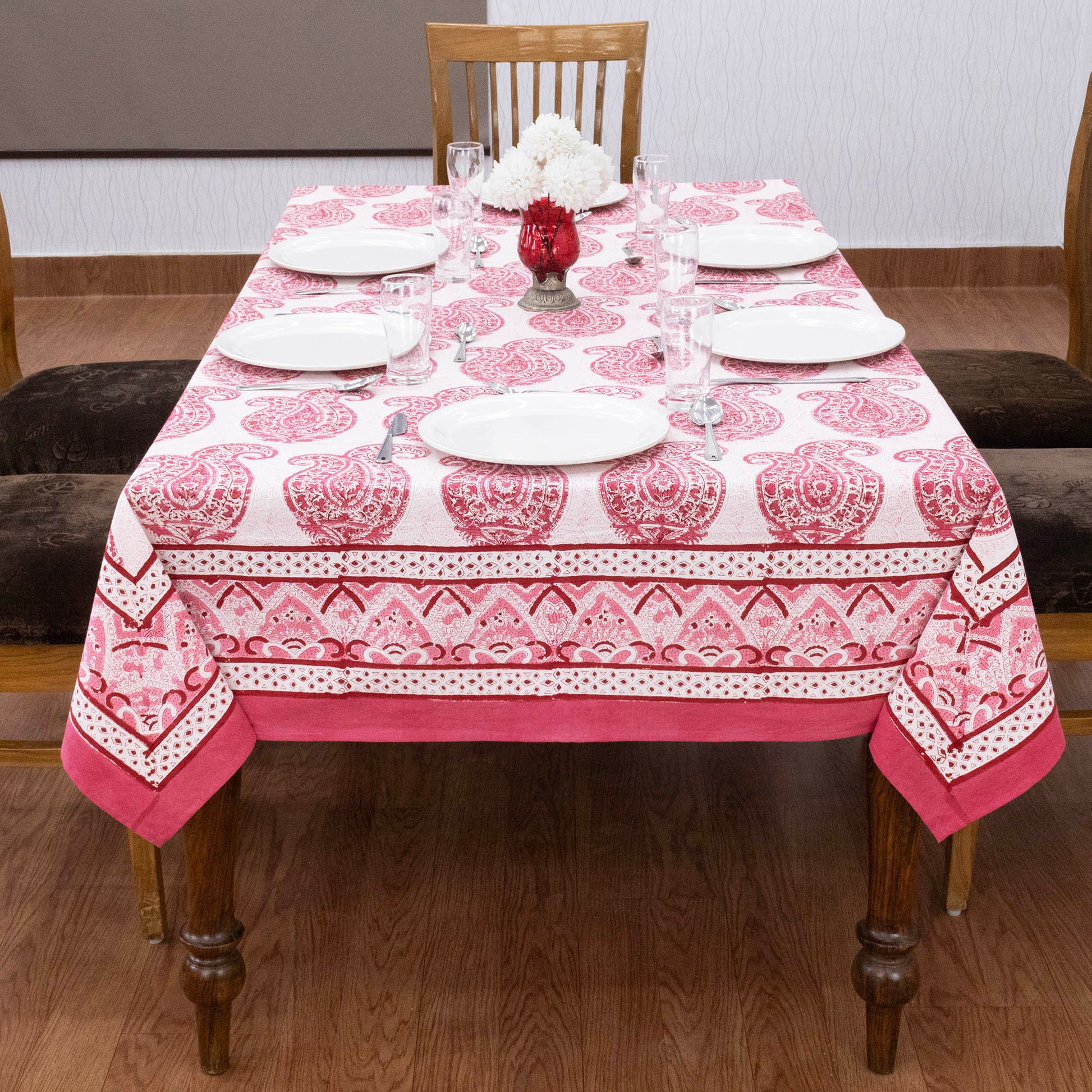 Indian Handmade Block Printed Cotton Pink and White Rectangle Tablecloth - My Store