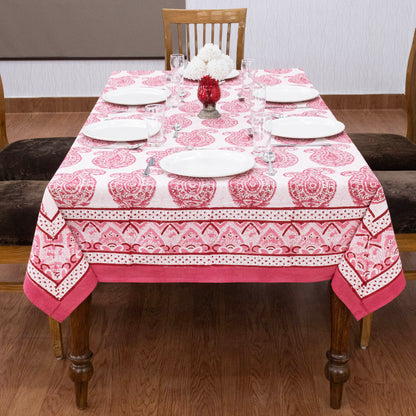 Indian Handmade Block Printed Cotton Pink and White Rectangle Tablecloth - My Store