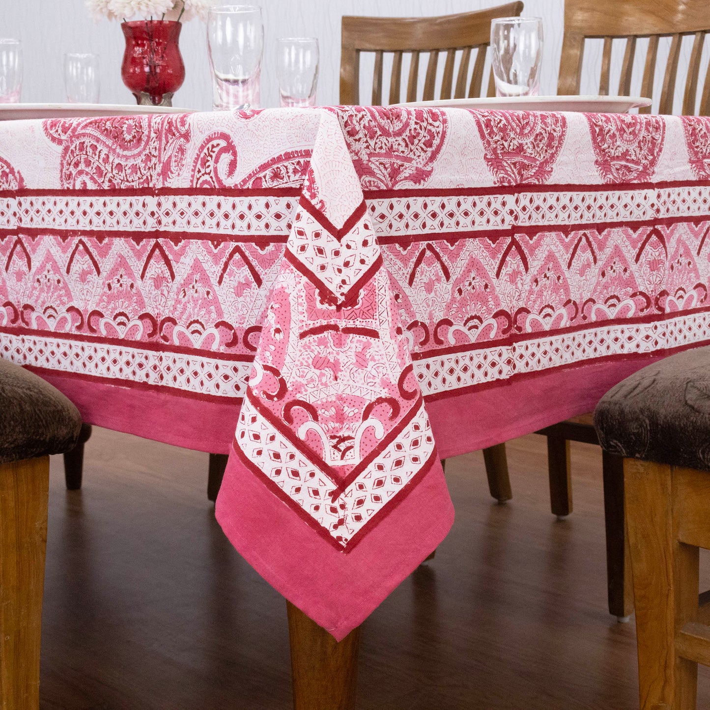 Indian Handmade Block Printed Cotton Pink and White Rectangle Tablecloth - My Store