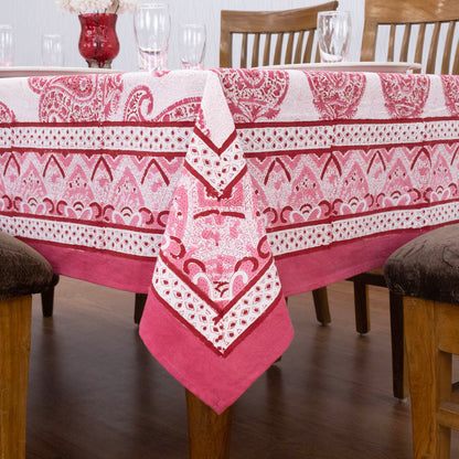 Indian Handmade Block Printed Cotton Pink and White Rectangle Tablecloth - My Store