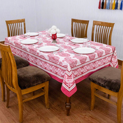 Indian Handmade Block Printed Cotton Pink and White Rectangle Tablecloth - My Store