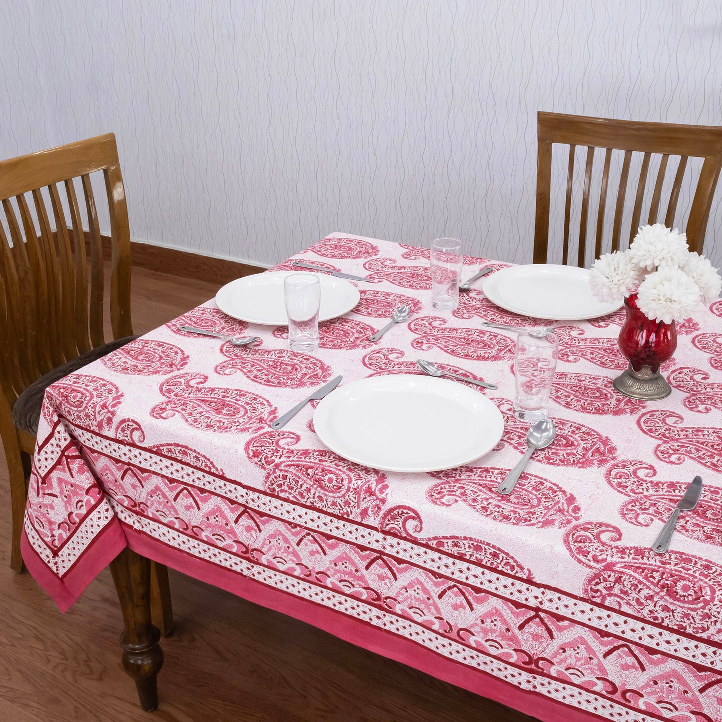 Indian Handmade Block Printed Cotton Pink and White Rectangle Tablecloth - My Store
