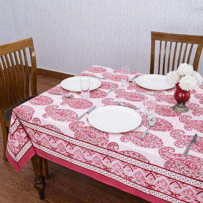 Indian Handmade Block Printed Cotton Pink and White Rectangle Tablecloth - My Store