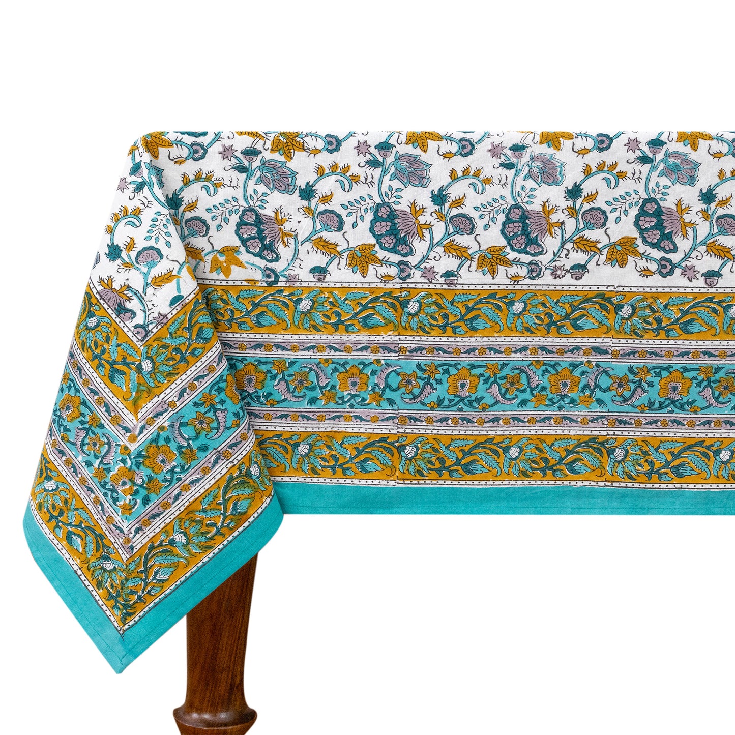 Blue & Yellow Block Print Cotton Tablecloth, Handmade Indian Rectangle Table Linen - My Store