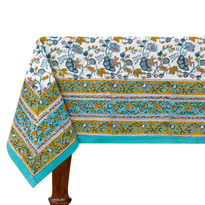 Blue & Yellow Block Print Cotton Tablecloth, Handmade Indian Rectangle Table Linen - My Store
