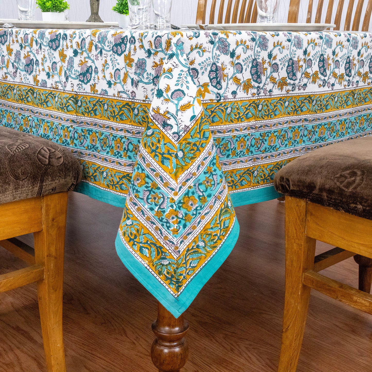 Blue & Yellow Block Print Cotton Tablecloth, Handmade Indian Rectangle Table Linen - My Store